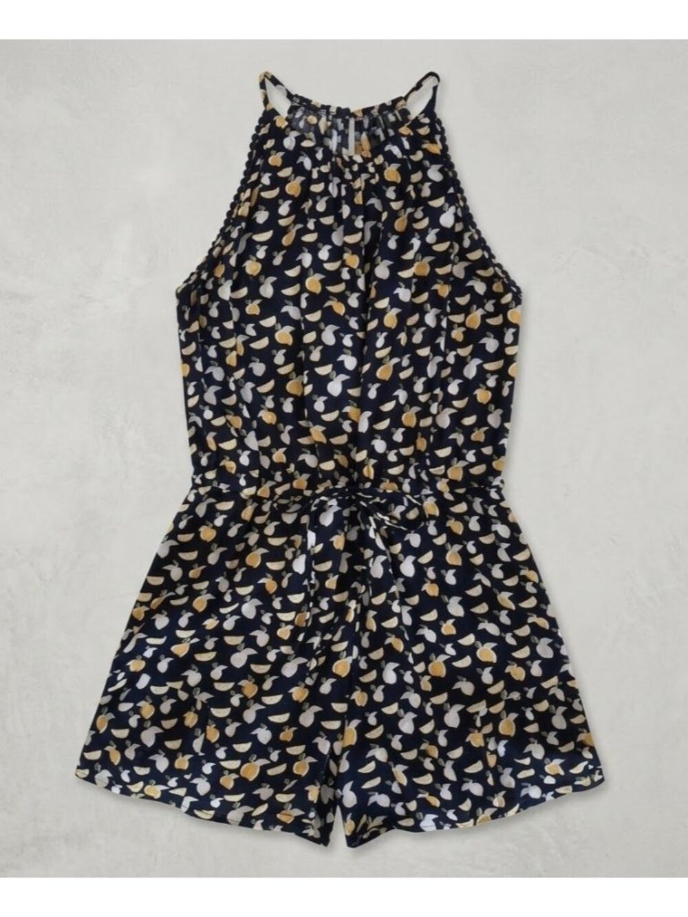 LOFT XXS Lemon Print Halter Romper With Pockets Yellow Blue Summer Beach Sunsuit